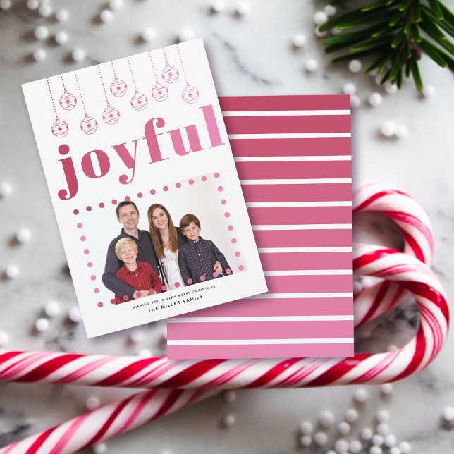 Pink Joyful typography, Christmas balls photo Holiday Card (Creator Uploaded)
