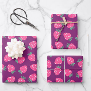 pink juicy strawberry pattern purple background wrapping paper sheets