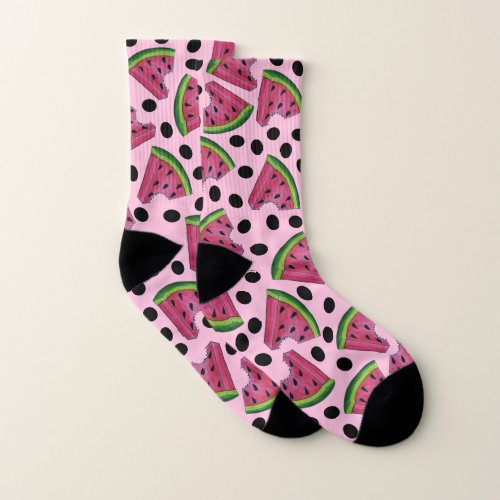 Pink Juicy Watermelon Wedge Seeds Fruit Socks