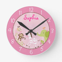 Pink Jungle Animal Round Clock