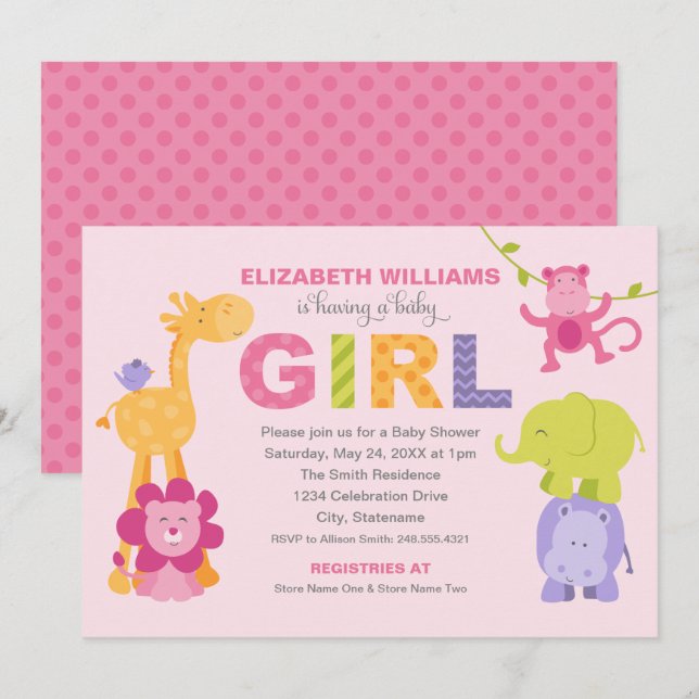 Pink Jungle Animals Baby Girl Shower Invitation (Front/Back)