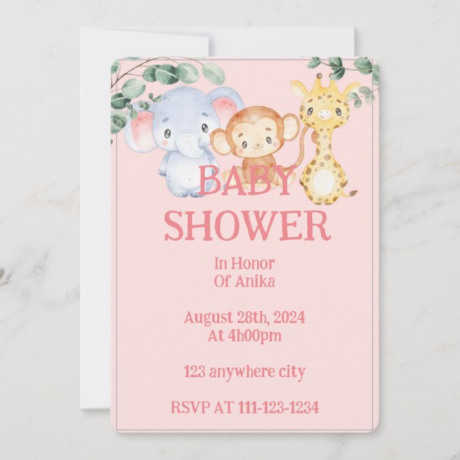 Pink jungle animals baby shower invitation (Front)