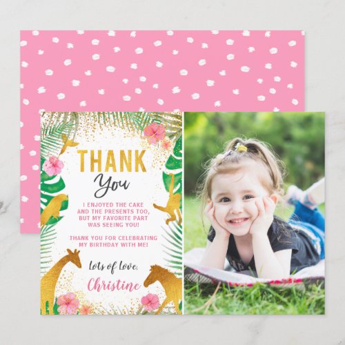 Pink Jungle Animals Photo Birthday Thank You Card