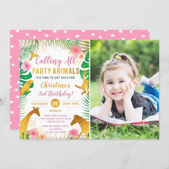 Pink Jungle Animals Safari Girls Photo Birthday Invitation | Zazzle