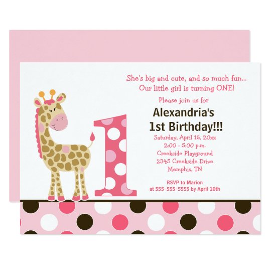 Pink Jungle Giraffe 1st Birthday Invitation 5x7 | Zazzle.com