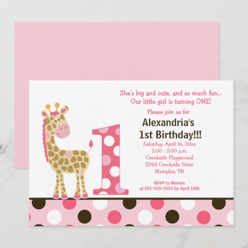 Pink Jungle Giraffe 1st Birthday Invitation 5x7