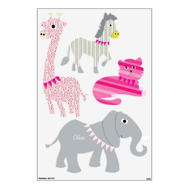 Pink Jungle Giraffe Zebra Tiger Elephant Decal (Front)