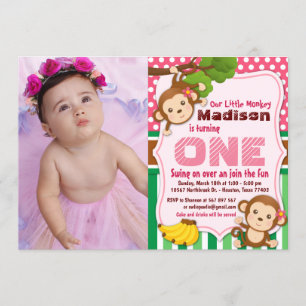 Pink Jungle Monkey Safari Girl Birthday Photo Invitation