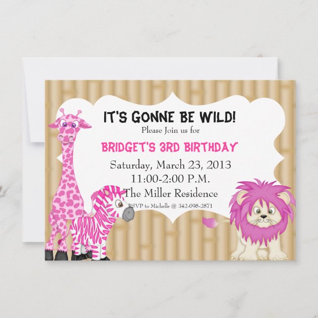 Pink Jungle Safari Birthday Invitation (Front)