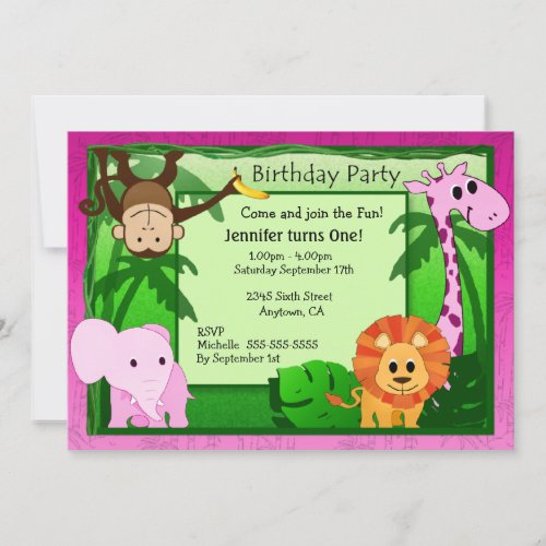 Pink Jungle Theme Kids Birthday Party Invite
