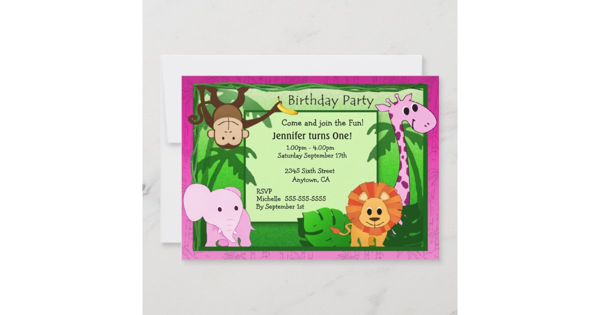 Pink Jungle Theme Kids Birthday Party Invite | Zazzle.com