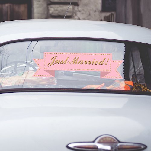 Pink Just Married Banner Window Cling