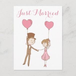 Pink Just Married Bride & Groom Brown Wedding Announcement Postcard