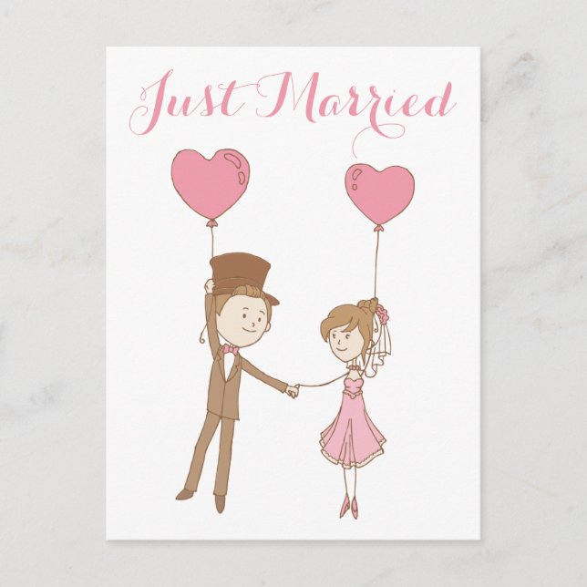 Pink Just Married Bride & Groom Brown Wedding Announcement Postcard (Front)