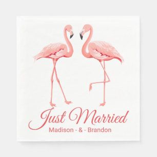 Pink Just Married Flamingo Tropical Wedding Beach Napkins