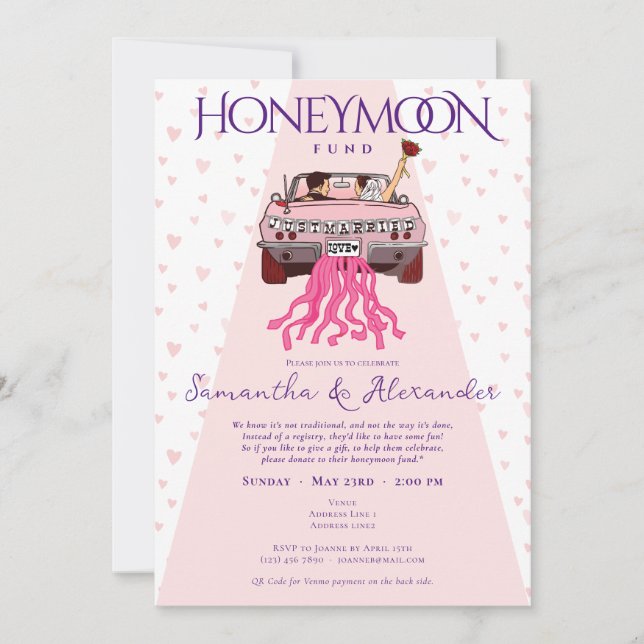 Pink Just Married Honeymoon Fund Couples Shower  Invitation (Front)