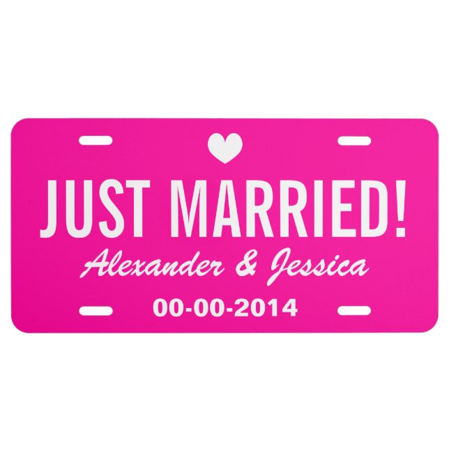 Pink Just married license plate for wedding car (Front)