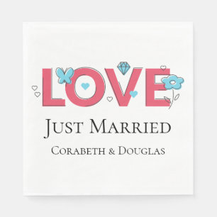 Pink Just Married Wedding Blue Flower Hearts Napkins