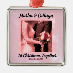 Pink Just Married with Name and Year 1st Christmas Metal Ornament