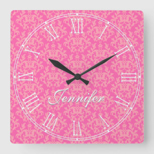 Pink kangaroo paw & heart damask name wall clock