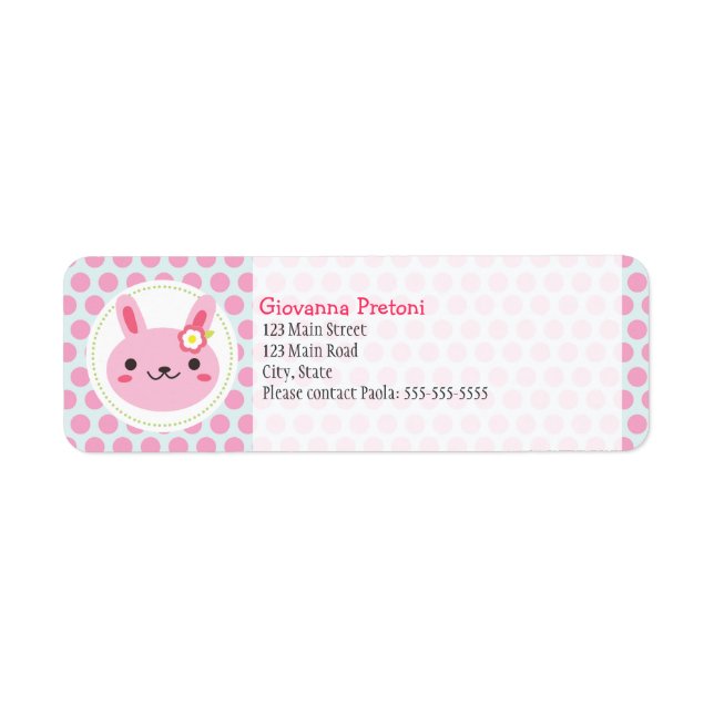 Pink Kawaii Bunny and Polka Dots Label (Front)