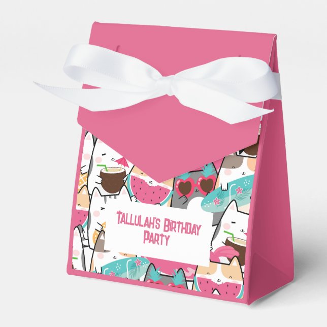 Pink Kawaii Cats Pool Birthday Party  Favor Boxes (Front Side)