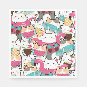 Pink Kawaii Cats Pool Party Birthday Napkins