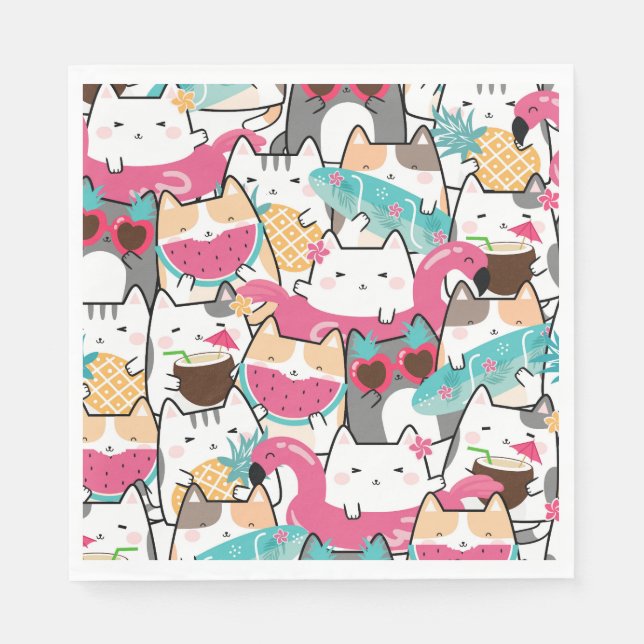 Pink Kawaii Cats Pool Party Birthday  Napkins (Front)