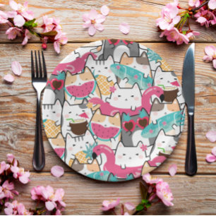 Pink Kawaii Cats Pool Party Birthday  Paper Plates