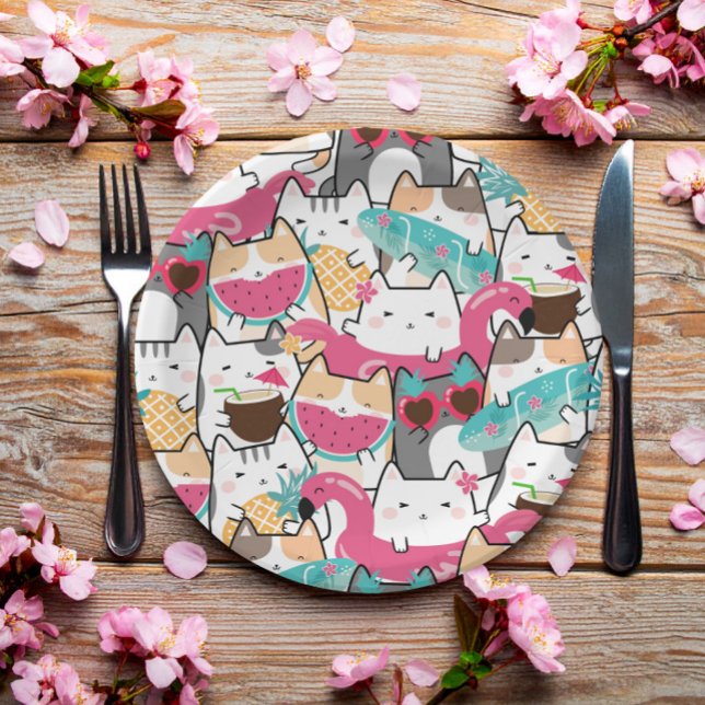 Pink Kawaii Cats Pool Party Birthday  Paper Plates (Creator Uploaded)