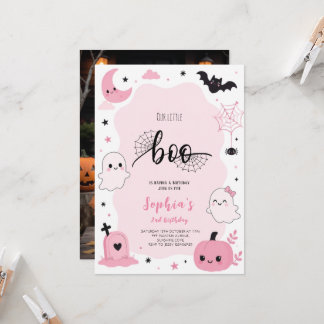 Pink Kawaii Halloween Ghost BIrthday Party Invitation