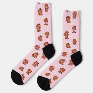 Pink Kawaii Highland Cows Seamless Pattern Socks