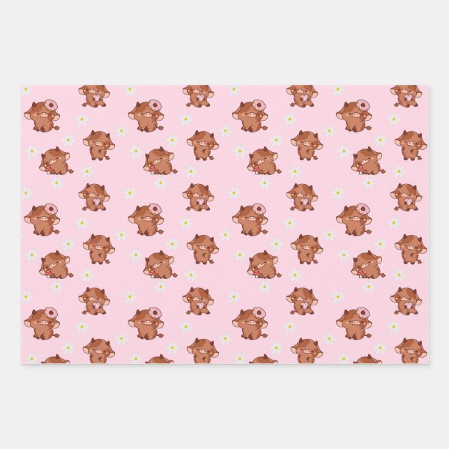Pink Kawaii Highland Cows Seamless Pattern Wrapping Paper Sheets (Front)