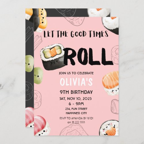 Pink Kawaii Sushi Sashimi Kids Girl Adult Birthday Invitation