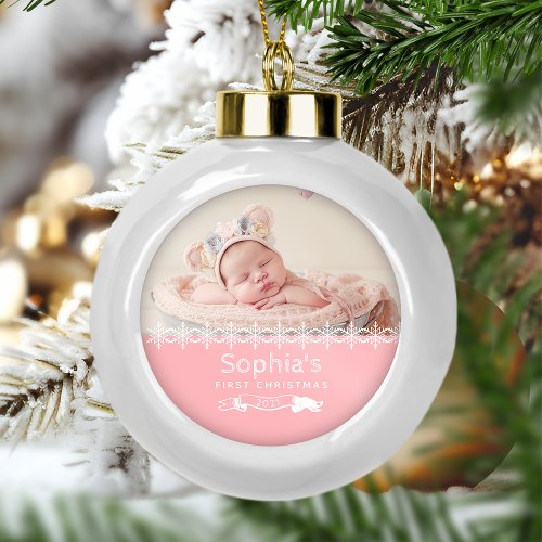 Pink Keepsake Photo Babys First Christmas Ceramic Ball Christmas Ornament