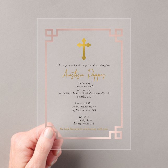 Pink Key Greek Orthodox Christening Girl Baptism  Acrylic Invitations (Insitu (Handheld))