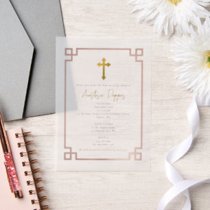 Pink Key Greek Orthodox Christening Girl Baptism Vellum Invitations