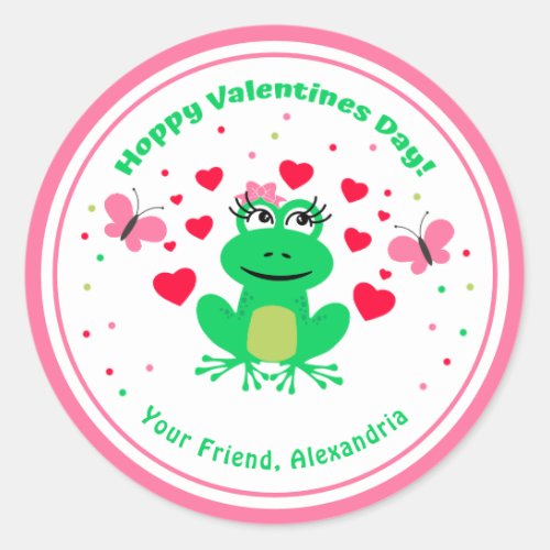 Pink Kids Frog Hoppy Valentines Day Classic Round Sticker