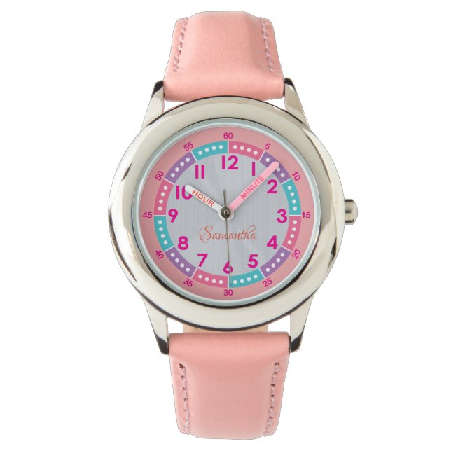 Pink Kids Learning Watch with Name & Time Guide (Front)