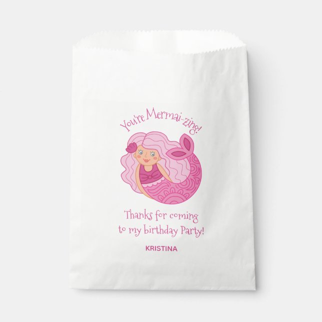 Pink Kids Mermaid Birthday Party Favor Bags (Front)