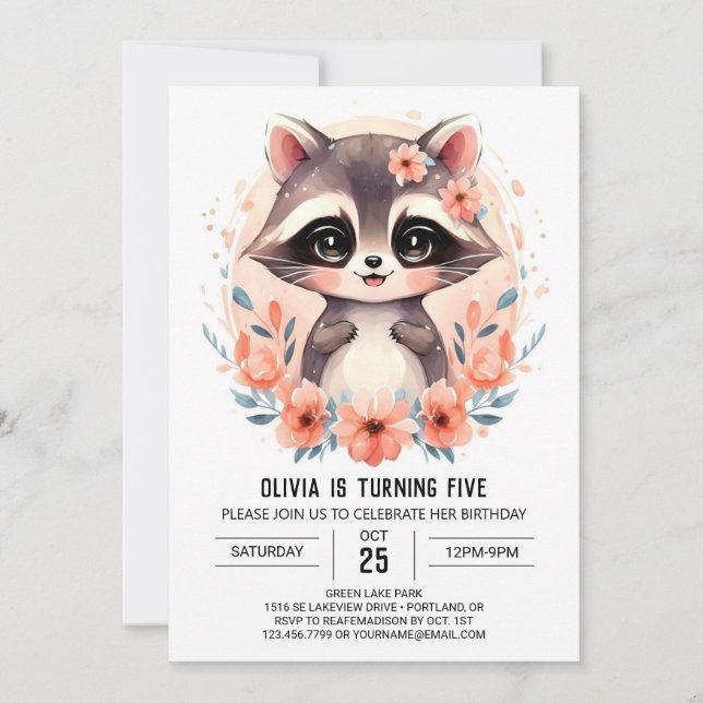  Pink Kids' Raccoon Girl Birthday Invitation (Front)