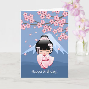 Pink Kimono Kawaii Doll Blue Mountain Birthday Card