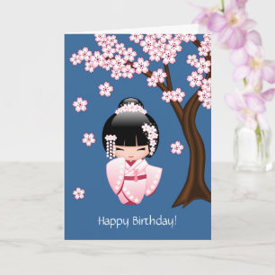 Pink Kimono Kawaii Kokeshi Doll Blue Birthday Card