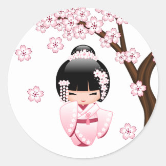 Pink Kimono Kawaii Kokeshi Doll Classic Round Sticker