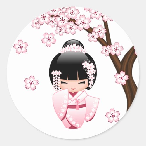 Pink Kimono Kawaii Kokeshi Doll Classic Round Sticker