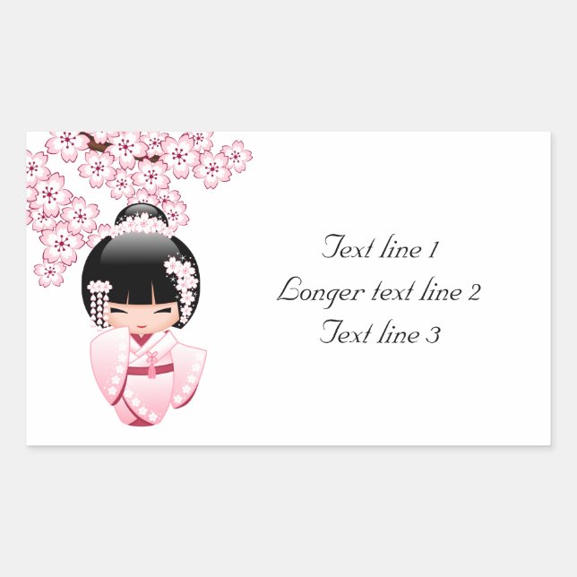 Pink Kimono Kawaii Kokeshi Doll Custom Text Rectangular Sticker (Front)