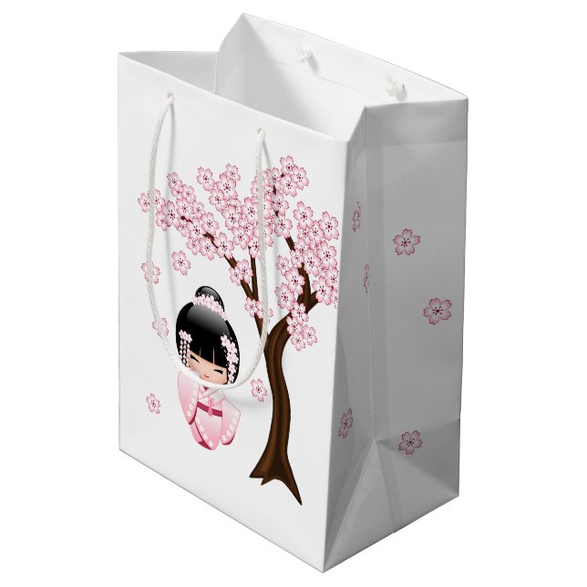 Pink Kimono Kawaii Kokeshi Doll Medium Gift Bag (Back Angled)