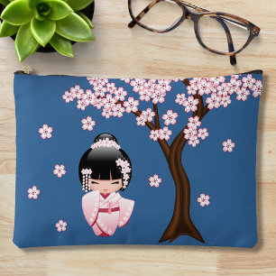 Pink Kimono Kawaii Kokeshi Doll on Blue Accessory Pouch