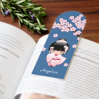 Pink Kimono Kawaii Kokeshi Doll on Blue