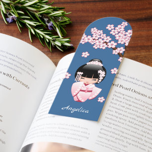 Pink Kimono Kawaii Kokeshi Doll on Blue Bookmarks